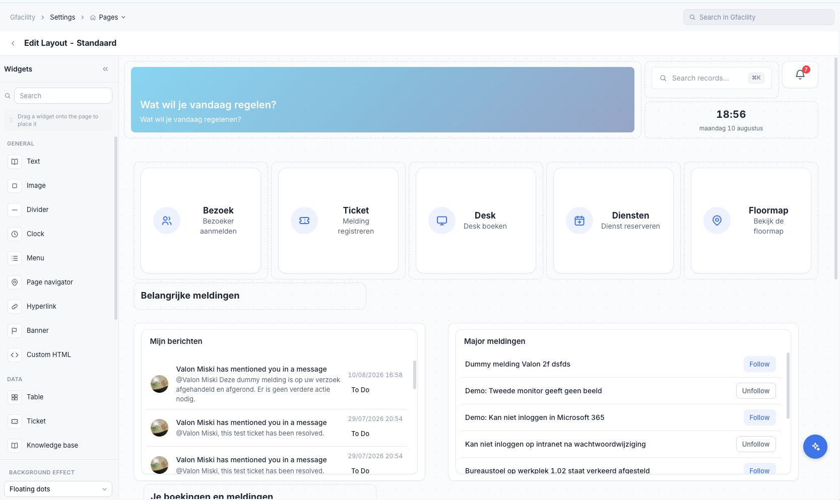 The page editor: a widget panel on the left listing text, image, divider, clock, menu, page navigator, hyperlink, banner and custom HTML widgets plus table, ticket and knowledge base data widgets, beside a page being laid out with a banner, quick action cards and message lists.