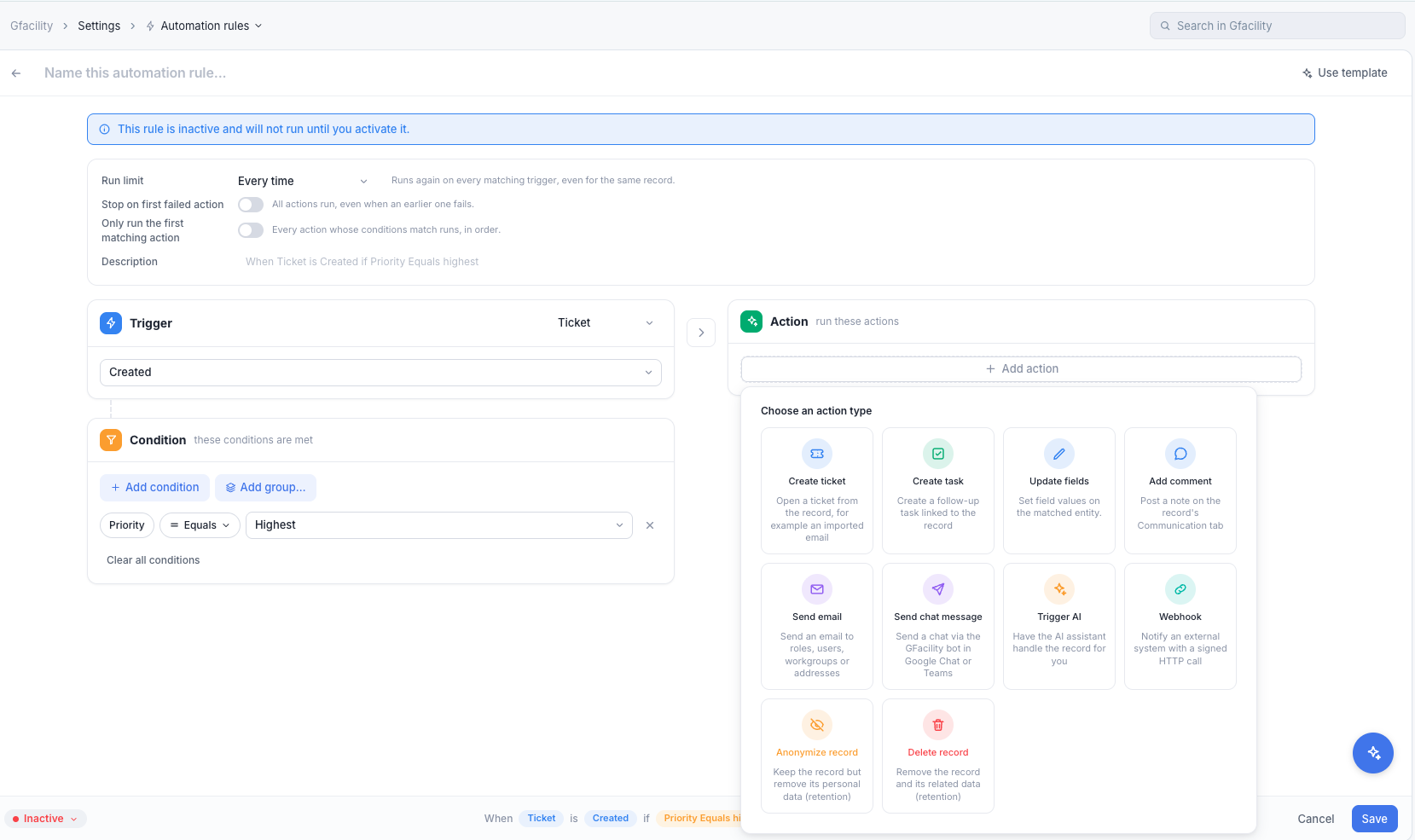 The automation rule editor: a ticket-created trigger with a priority condition on the left, and the action type picker on the right offering create ticket, create task, update fields, add comment, send email, send chat message, trigger AI, webhook, anonymize record and delete record.